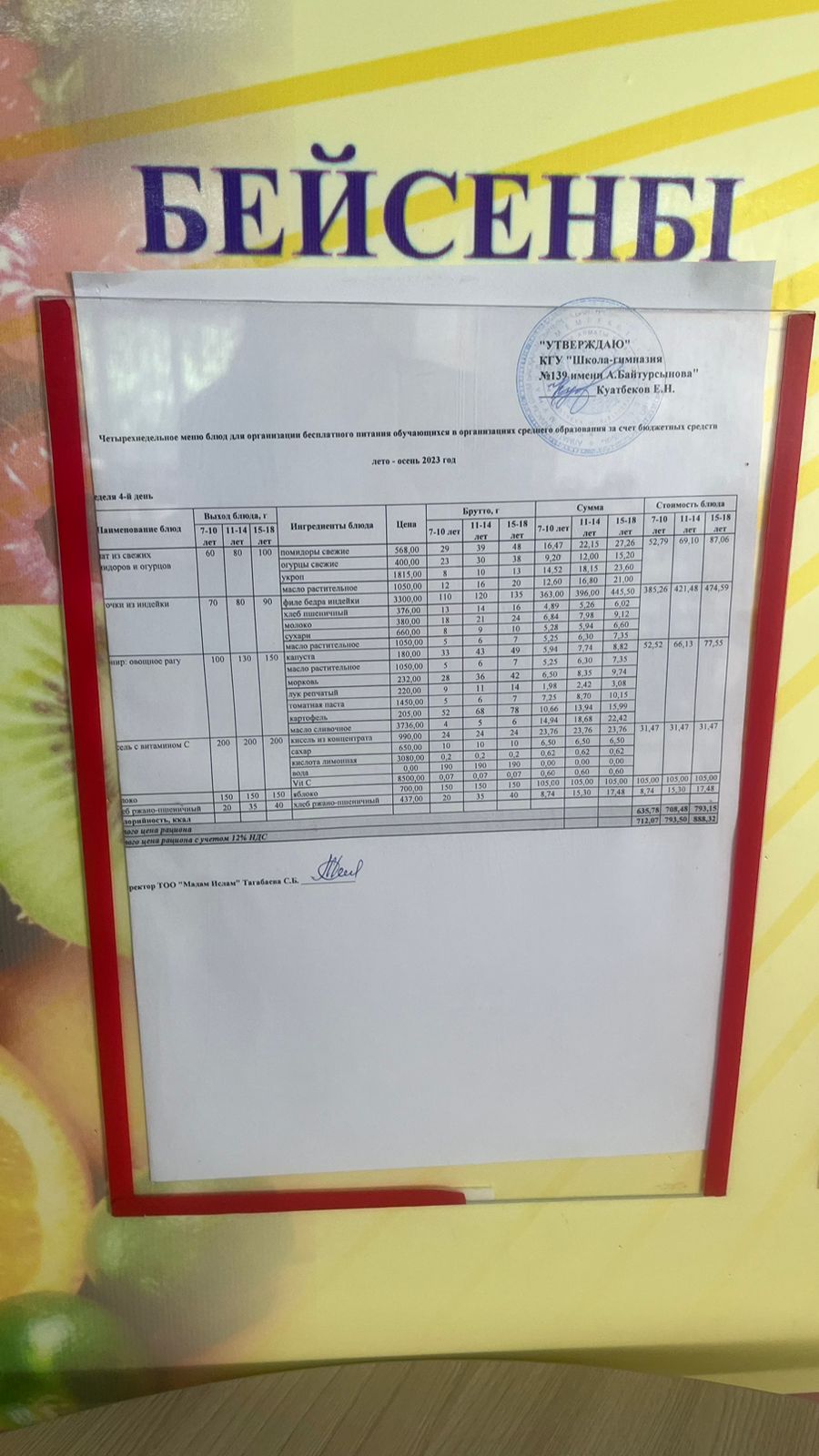 07.09.2023 Ыстық тамақ ас мәзірі бойынша