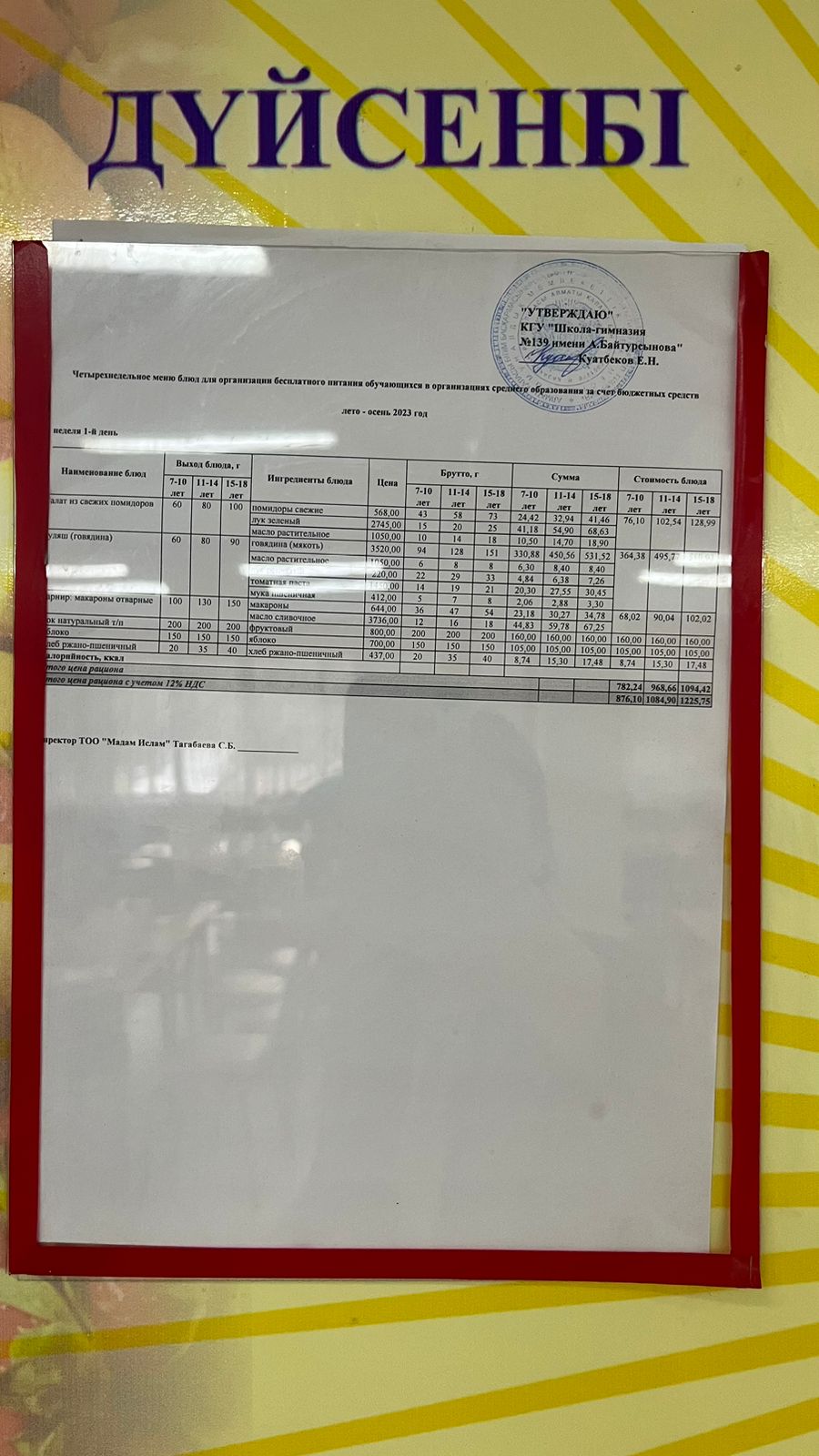 11.09.2023 Ыстық тамақ ас мәзірі бойынша