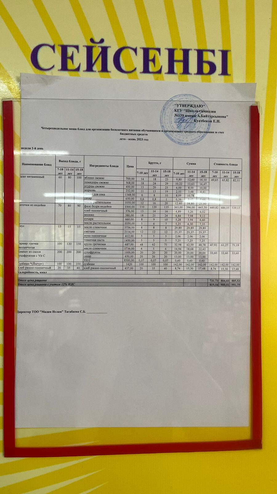 19.09.2023 Ыстық тамақ ас мәзірі бойынша