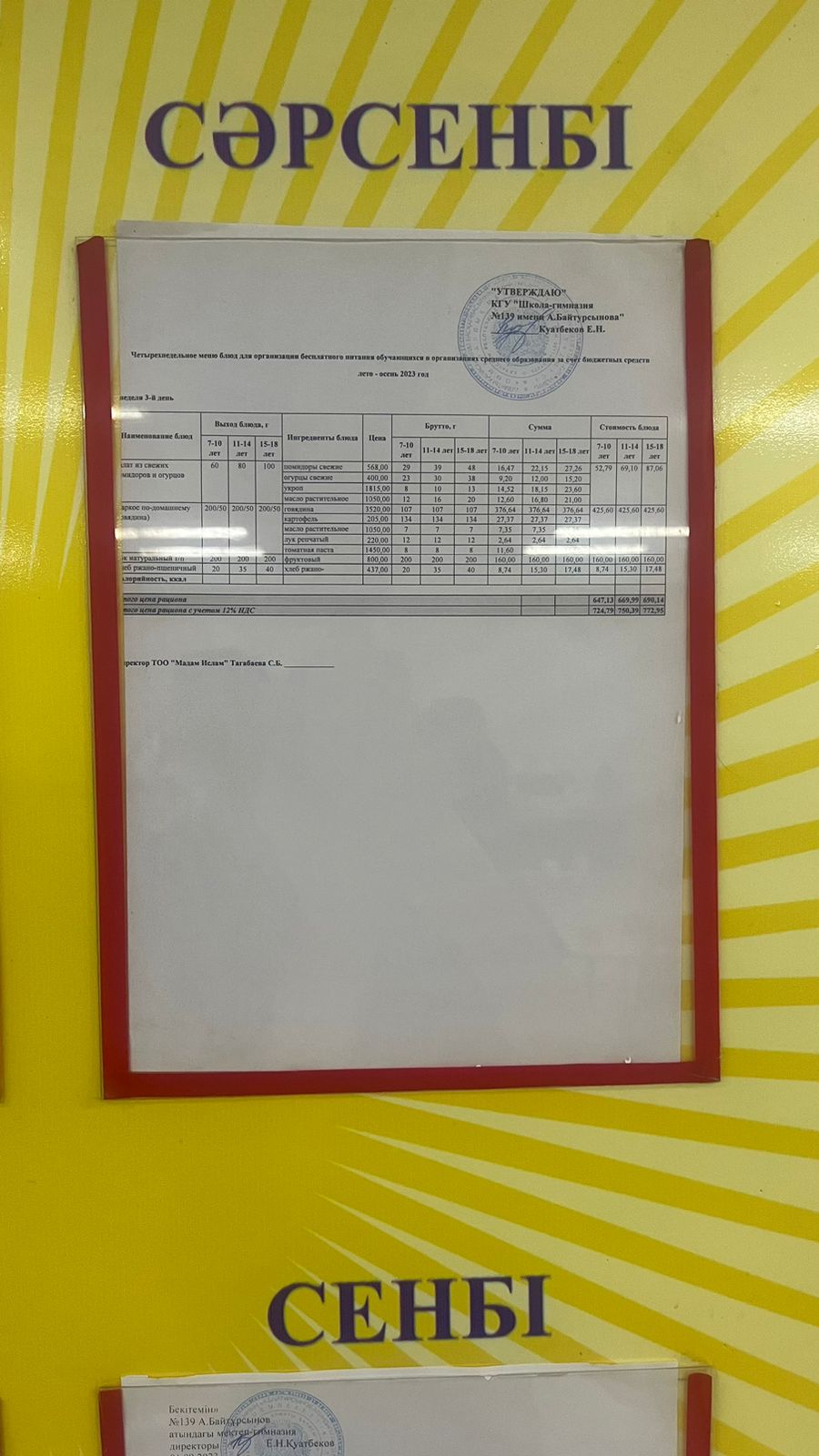 20.09.2023 Ыстық тамақ ас мәзірі бойынша