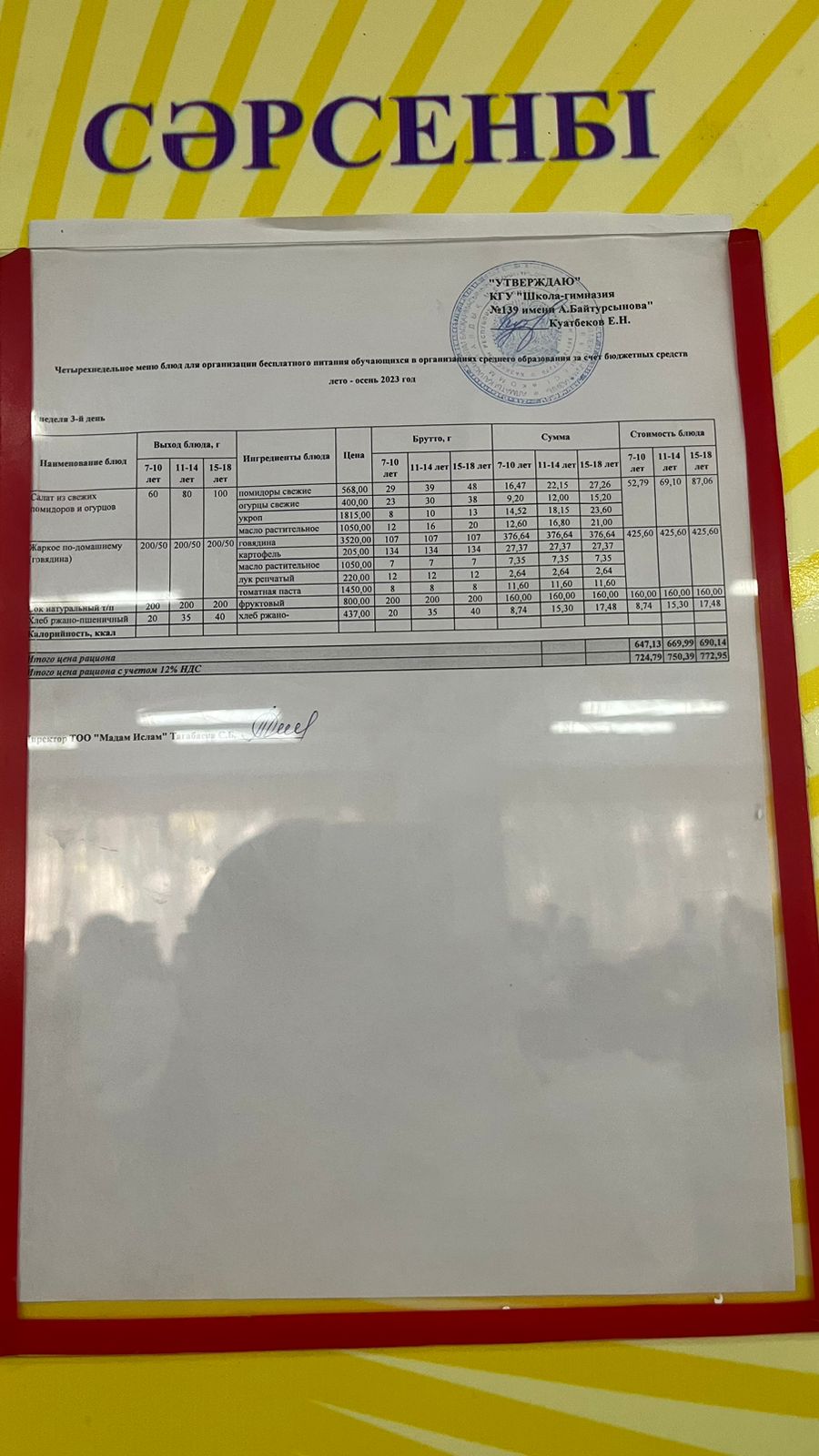 18.10.2023 Ыстық тамақ ас мәзірі бойынша